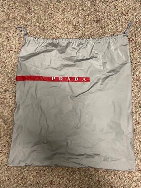 Prada Light Gray Drawstring Bag with Red Logo Stripe- shoe bag